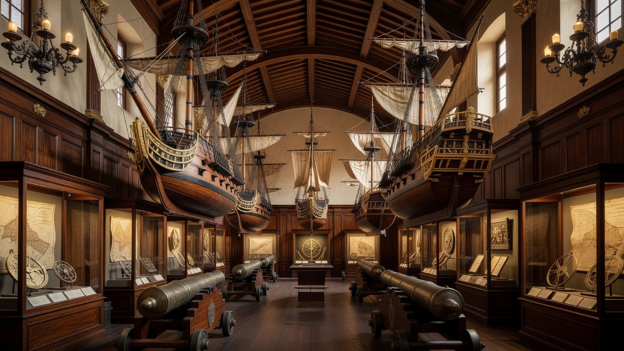 Interior de un museo naval con modelos de barcos y vitrinas de instrumentos de navegación del siglo XVIII
